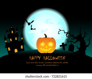 Happy Halloween with pumpkins on graveyard in full moon on castle background.Vector Illustration