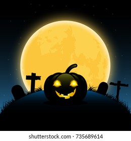 Happy Halloween pumpkins on Moon background, Vector Illustration.