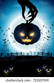 Happy halloween pumpkins on night background and full moon.Vector illustration.