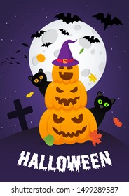 Happy halloween pumpkins pile with scary faces expression grimace, autumn leaves with witch hat and black cats behind flat style design vector illustration isolated on dark background and text.