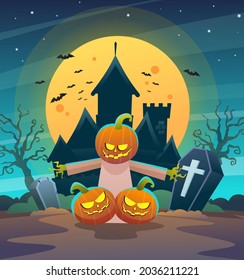 Happy halloween pumpkins scarecrow character with dark night castle and moon concept illustration