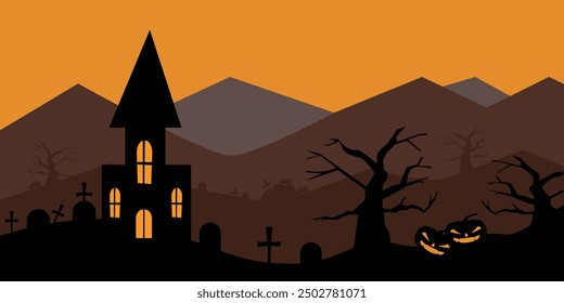 happy halloween pumpkins scary castle, spooky festival poster or banner, vector illustration design graphic template