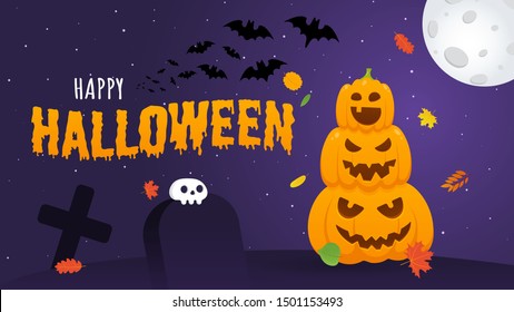 Happy halloween pumpkins with scary faces expression grimace, with moon, bats, graves and human skull flat style design vector illustration isolated on dark background and text.