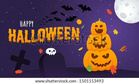 Happy halloween pumpkins with scary faces expression grimace, with moon, bats, graves and human skull flat style design vector illustration isolated on dark background and text.