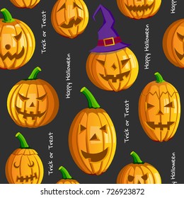 Happy Halloween pumpkins seamless texture on the grey background. Vector illustration on a Halloween theme.