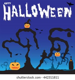 Happy Halloween pumpkins and Silhouette dry tree vector illustration background, Blue  gradient in background