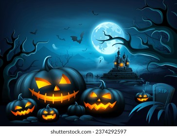 Happy Halloween pumpkins smiling and scary face, tree scary, castle, bat flying, ghost poster design on moonnight dark blue background, Eps 10 vector illustration