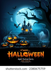 Happy Halloween pumpkins smiling and scary face, tree scary, castle, bat flying, poster design on moonnight background, Eps 10 vector illustration