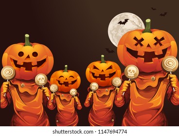 Happy Halloween. Pumpkins treat or trick. Vector illustration. Horizontal poster,  you can place relevant content on the area.