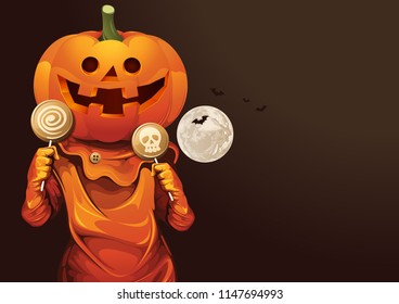 Happy Halloween. Pumpkins treat or trick. Vector illustration. Horizontal poster,  you can place relevant content on the area.