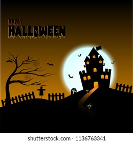 Happy Halloween pumpkins with tree and dark castle on yellow Moon background, illustration vector.
