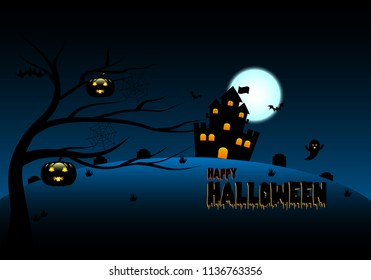 Happy Halloween pumpkins with tree and dark castle on blue Moon background, illustration vector.