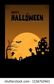 Happy Halloween pumpkins with tree and dark castle on yellow Moon background, illustration vector.
