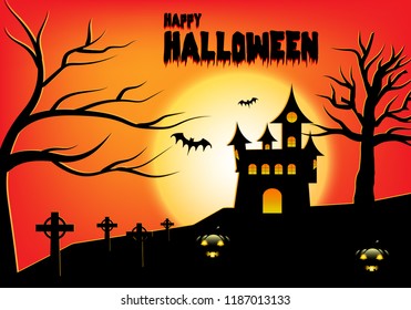 Happy Halloween pumpkins with tree and dark castle on yellow Moon background. illustration vector