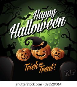 Happy Halloween pumpkins under a green moon EPS 10 vector royalty free stock illustration for greeting card, ad, promotion, poster, flier, blog, article, social media, marketing
