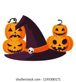 happy halloween pumpkins with witch hat