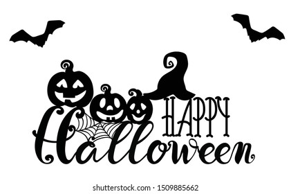 Happy halloween with pumpkins, witch hat and bats background vector