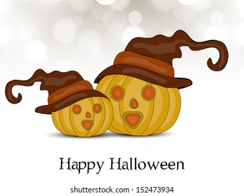 Happy Halloween pumpkins in witch hat on abstract grey background, can be use as flyer, banner or poster for Halloween Party.