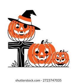 Fröhliche Halloween-Kürbisse mit Hexenhut auf unheimlichem Hintergrund