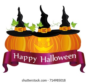 Happy Halloween pumpkins with a witch hat. Ribbon for text. Vector. greeting card or invitation for a holiday.