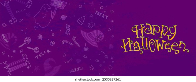 Happy Halloween purple background. Halloween, 31 October. Hats, legs, bowler hat, sweets in naive style. Grunge texture.