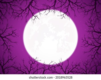 Happy Halloween purple background with big Moon ant trees. Holiday card. Illustration can be used for children's holiday design, decorations, cards, banners and other