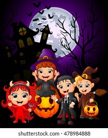 Happy Halloween purple background with children in Halloween costume .Vector illustration 