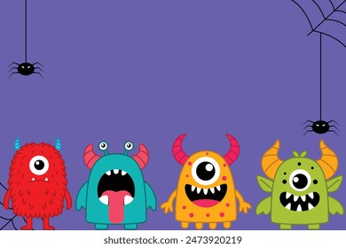 Happy Halloween purple background. Cute kawaii Monster cartoon character. Funny face head colorful silhouette. Hands up. Eyes teeth fang horn tongue. 