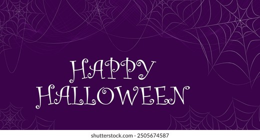 happy halloween. Purple background with webs and text. Vector illustration.