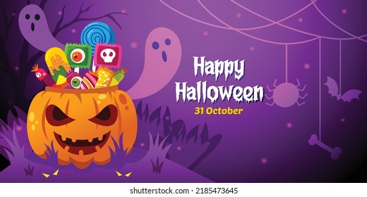 Happy Halloween purple banner, poster, flyer, card with candy pumpkin, ghost, bat. Spooky vector illustrations background