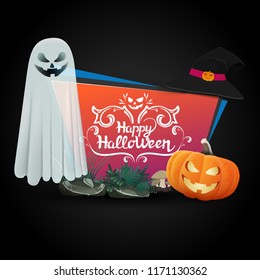 Happy Halloween. Purple banner with pumpkins, ghost and witch's hat