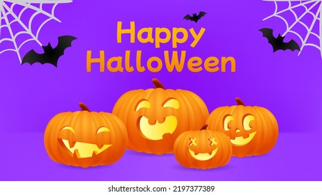 Happy Halloween purple banner, template or party invitation background with jack o lantern face cute pumpkins, spiderweb, gossamer and bats on table scene. 3d vector illustration realistic pumpkin. 
