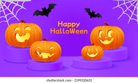 Happy Halloween purple banner, template or party invitation background with jack o lantern face cute pumpkins, spiderweb, gossamer and bats on podium scene. 3d vector illustration realistic pumpkin. 