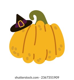 Happy Halloween. Purple and black witch hat on a yellow pumpkin. Isolated flat illustration on a white background for holiday cards, tags, stickers. Cute isolated flat illustration