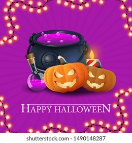 Happy Halloween, purple getting square postcard with witch's cauldron and pumpkin Jack