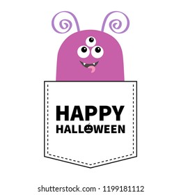 Happy Halloween. Purple monster silhouette in the pocket looking up. Cute cartoon scary funny baby character. T-shirt design. Eyes, fang tooth, tongue. White background. Flat design. Vector