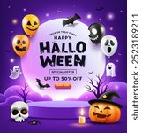 Happy Halloween purple podiums, smile pumpkin, ghosts, candle, balloons and bat flying, poster flyer design on purple background, Eps 10 vector illustration