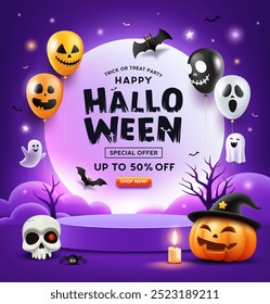 Happy Halloween purple podiums, smile pumpkin, ghosts, candle, balloons and bat flying, poster flyer design on purple background, Eps 10 vector illustration