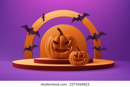 Happy Halloween purple sale banner with 3d vector illustration. A spooky stage podium design featuring carving pumpkins, bats, sets the perfect backdrop for your holiday promotions. Not AI generated.