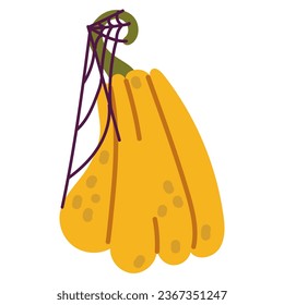 Happy Halloween. Purple spider web on a yellow pumpkin. Isolated flat illustration on a white background for holiday cards, tags, stickers. Cute isolated flat illustration