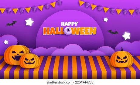 Happy Halloween. Halloween purple theme paper graphic cloud scene with bunch of pumpkins paper cut on studio table.