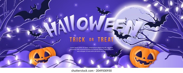 Happy Halloween Purple Tone Full Moon Night Background Pumpking Lantern Bat And Lighting Chain