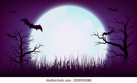 Happy Halloween Purple Violet Background with full moon, Dead tree and bat, Vector illustration