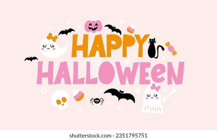 Happy Halloween - Halloween quote on light pink background with colorful letters. Good for t-shirt, mug, scrap booking, gift, printing press. Holiday quotes. 