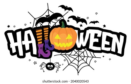 Happy Halloween - halloween quote on white background with a cute hanging spider and jack o lantern pumpkin.  Good for t-shirt, mug, banner, gift, printing press. Holiday quote, Sales promotion.