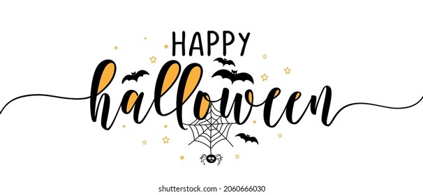 Happy Halloween - halloween quote on white background with a cute hanging spider and jack o lantern pumpkin.  Good for t-shirt, mug, banner, gift, printing press. Holiday quote, Sales promotion.