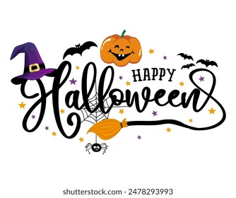 Happy Halloween - Halloween quote on white background with broom, bats, witch hat and legs in boots. Good for t-shirt, mug, scrap booking, gift, printing press. Holiday quotes. Witch's hat, broomstick