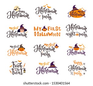 Happy Halloween quote set. Collection of vector illustrations lettering text. Pumpkin, bats, skull, old hat, candies