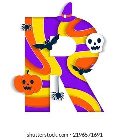 Happy Halloween R Alphabet Party Font Typography Character Cartoon Spooky Horror with colorful 3D Layer Paper Cutout Type design celebration vector Illustration Skull Pumpkin Bat Witch Hat Spider Web