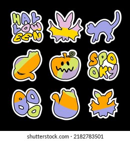 Happy halloween rainbow stickers collection. Perfect for T-shirt, card, poster, stationery. Hand drawn vector illustration for decor and design.
